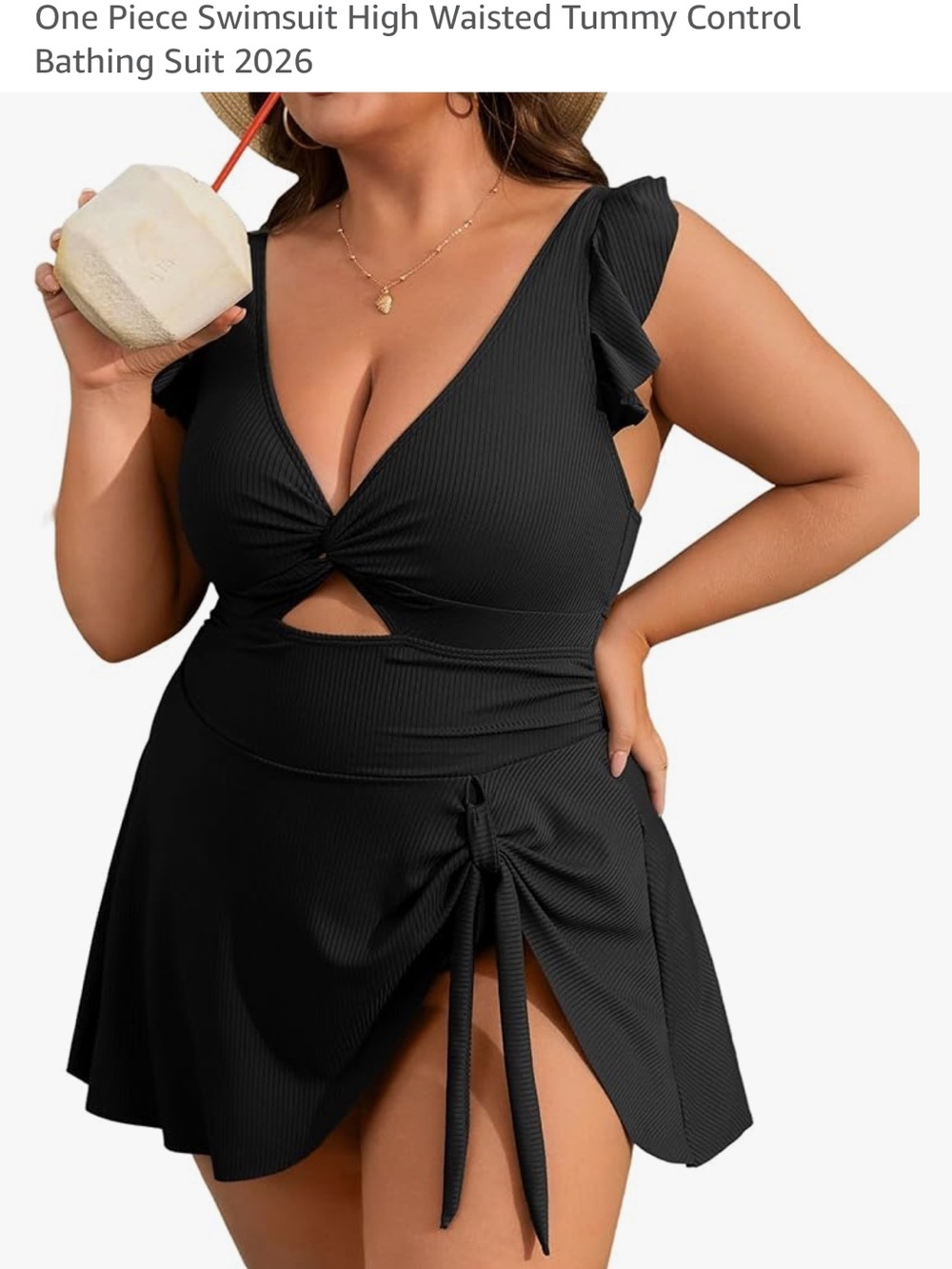 Plus Size Black One-Piece Swimdress with Ruffle Straps and Tie Skirt